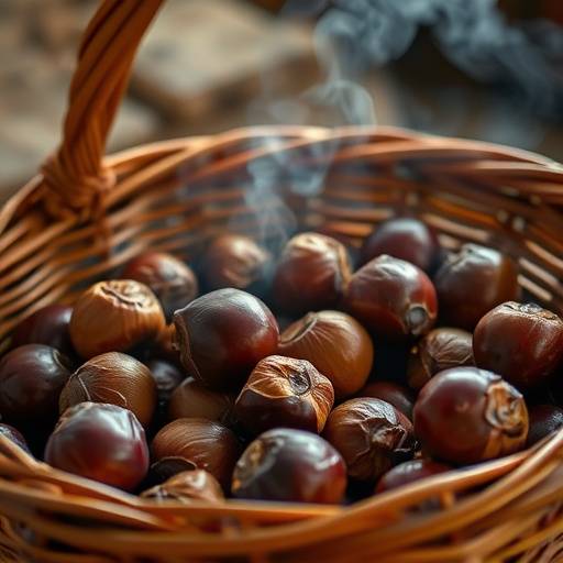 Castagne arrosto fumanti in un cestino di vimini