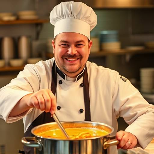 Chef che sorride mentre mescola una zuppa in una grande pentola