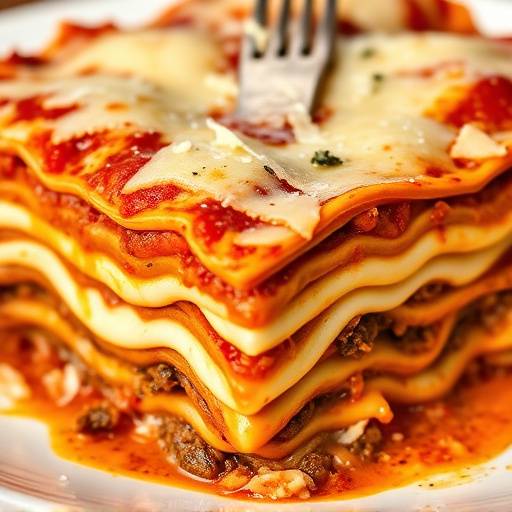 Lasagna al forno con strati di pasta fresca, rag&ugrave; di carne, besciamella e parmigiano reggiano