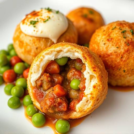 Piatto di arancini dorati ripieni di rag&ugrave; di carne, piselli e mozzarella
