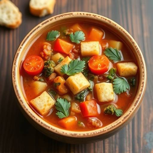 Piatto di minestrone con verdure miste e crostini di pane
