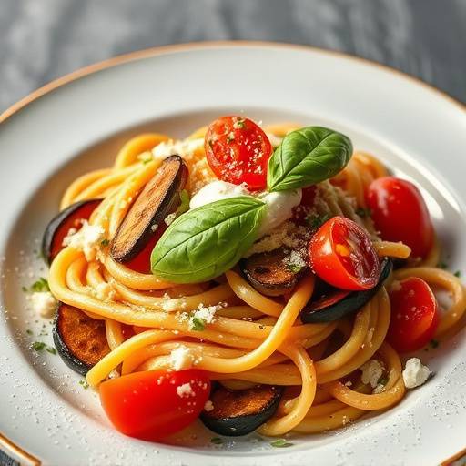 Piatto di pasta alla norma con melanzane fritte, pomodoro fresco, basilico e ricotta salata