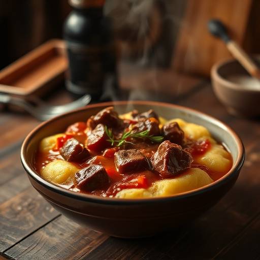 Piatto di polenta fumante con spezzatino di manzo