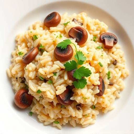 Piatto di risotto ai funghi porcini con prezzemolo fresco tritato e parmigiano reggiano grattugiato