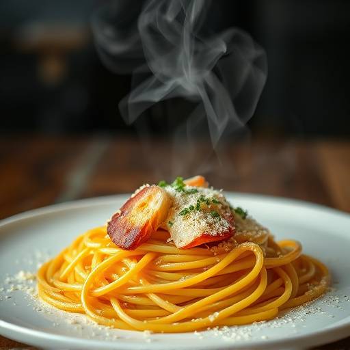 Piatto fumante di spaghetti alla carbonara con guanciale croccante, tuorlo d'uovo e pecorino romano grattugiato