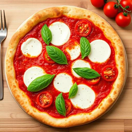 Pizza Margherita appena sfornata con basilico fresco, mozzarella di bufala e pomodori San Marzano