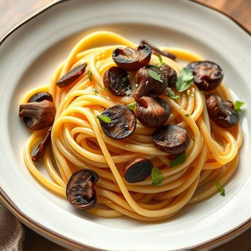 Tagliatelle ai funghi porcini freschi in un piatto di ceramica