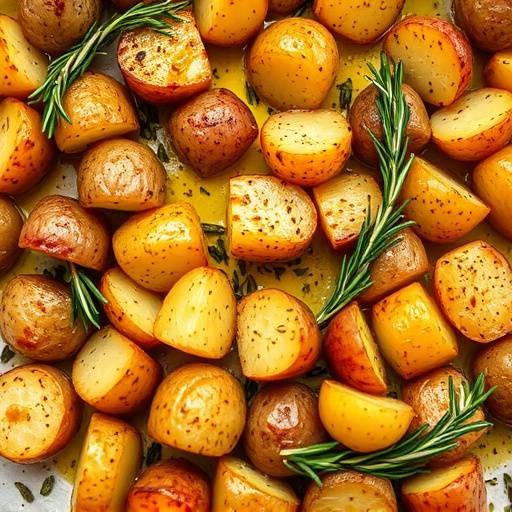 Un piatto di patate al forno dorate e croccanti, condite con rosmarino fresco tritato e un filo d'olio d'oliva.