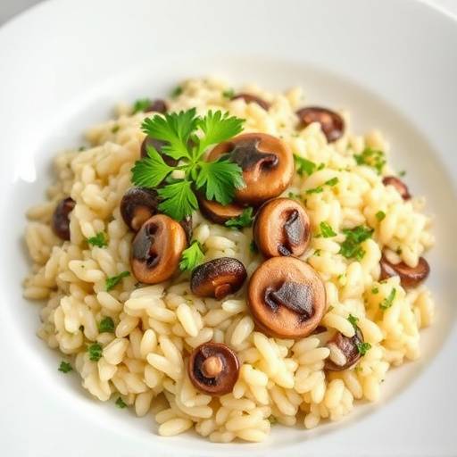Un piatto fumante di risotto ai funghi porcini, con chicchi di riso cremosi e funghi porcini tagliati a fettine, guarnito con prezzemolo fresco tritato.