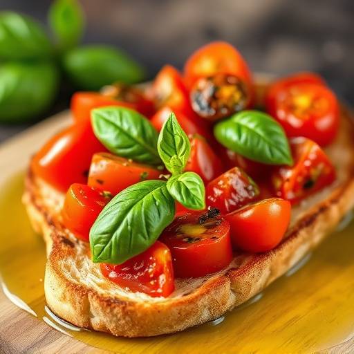 Un primo piano di una bruschetta al pomodoro, con pomodori rossi succosi, basilico fresco e un filo d'olio d'oliva che esalta i colori e la consistenza del pane tostato.
