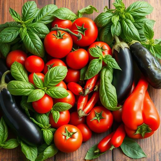 Una composizione colorata di verdure fresche italiane, tra cui pomodori, basilico, melanzane e peperoni, disposte artisticamente su un tavolo rustico.