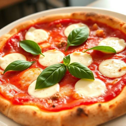 Una pizza margherita fumante su un piatto bianco, con basilico fresco e mozzarella fusa