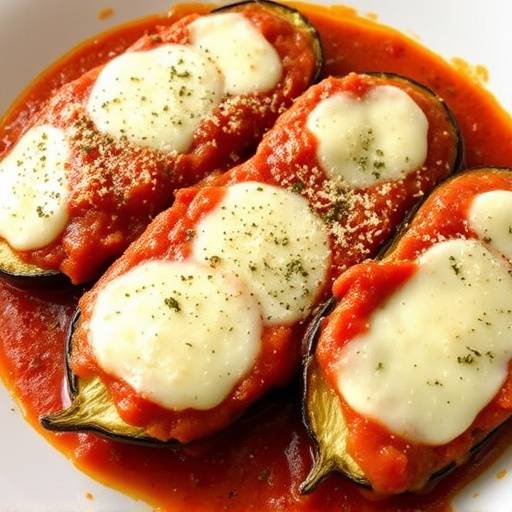 Una teglia di melanzane alla parmigiana appena sfornata, con strati di melanzane dorate, salsa di pomodoro rossa brillante e mozzarella fusa, cosparsa di parmigiano grattugiato.